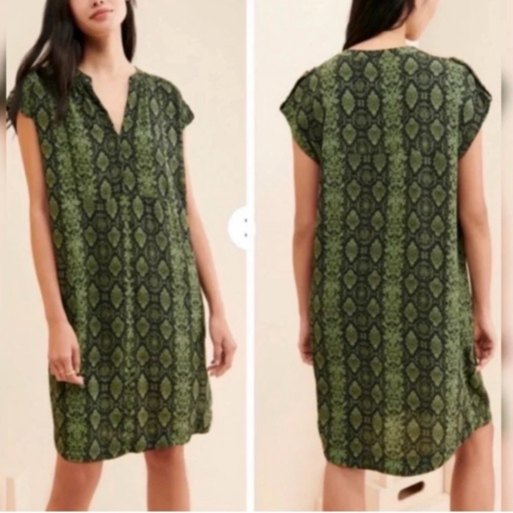 EUC - Anthropologie Rachel Snake Print Dress in Green and Black - L
